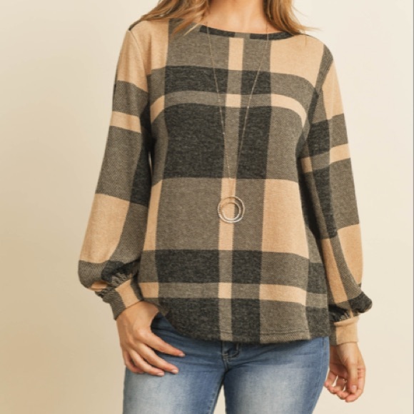 Black & Tan Plaid Puff Sleeve Top - Picture 8 of 9